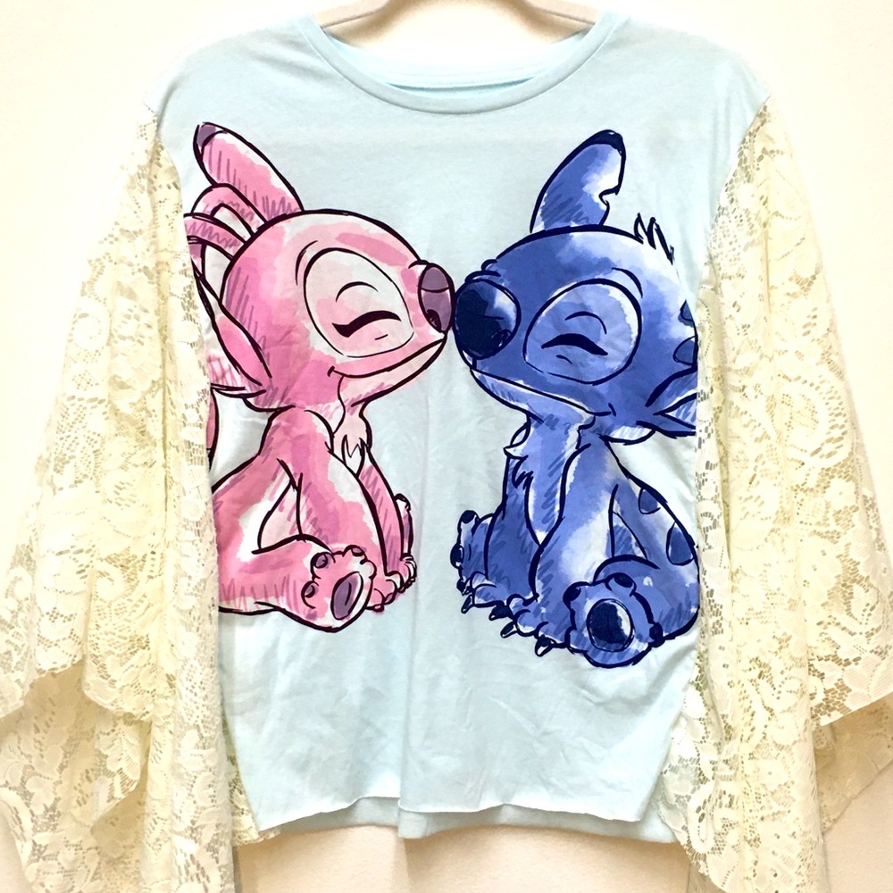 Disney Stitch Poncho T-Shirt XL Blue Lace Upcycled
